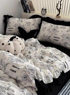 法式少女ins花卉黑色花边水洗泡泡棉四件套床单柔软三件套床笠1.8