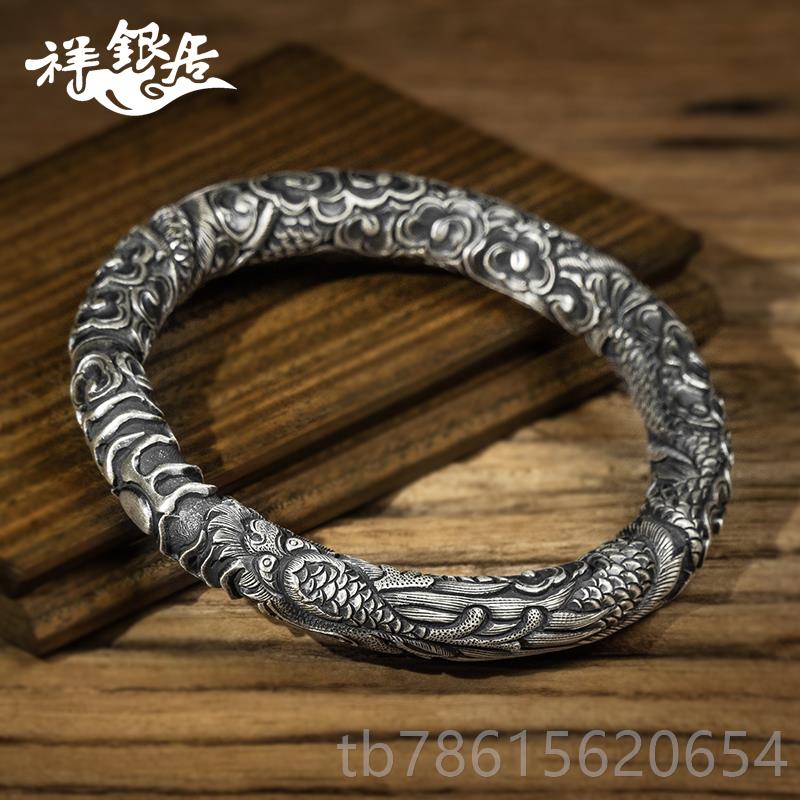 高档设祥居云南银雪花银 原创计穿浮云龙足银手镯古法做旧高工雕.