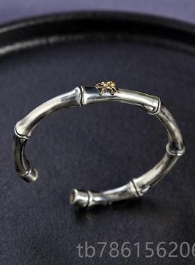 高档风999银手镯男中国复古做旧实心足知常乐纯平安竹情侣开口银