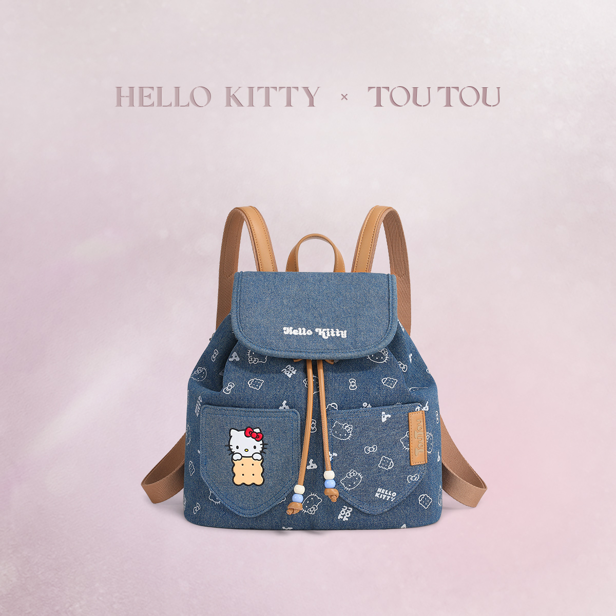 TOUTOUhellokitty凯蒂猫双肩包丹宁牛仔印花百搭背包女学院风书包