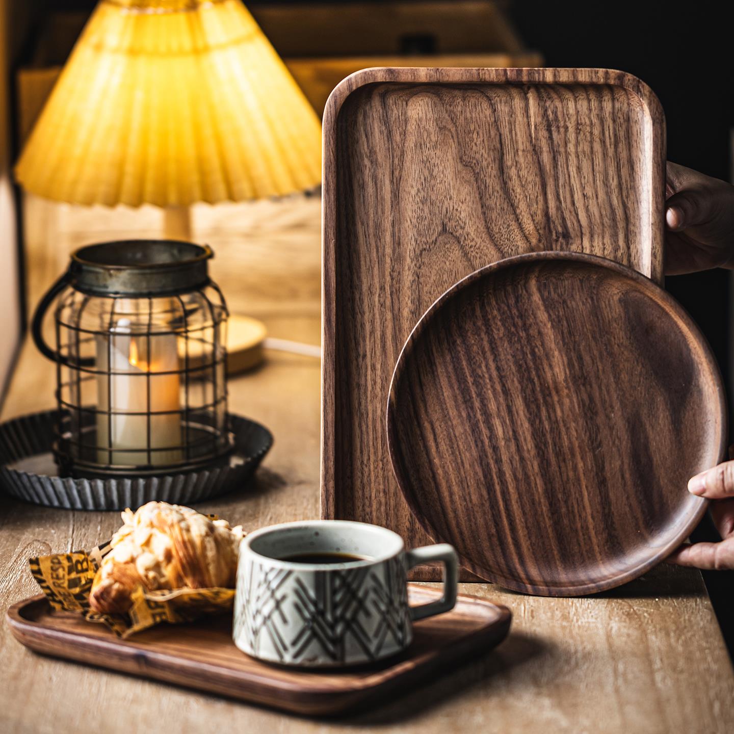 北美黑胡桃木托盘长方形放水杯实木托盘整木高档木质茶盘圆形木盘