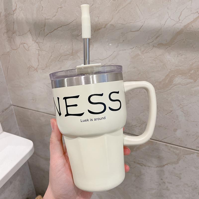 覆古咖啡杯304不锈钢手柄办公保温杯带吸管学生时尚男女车载水杯