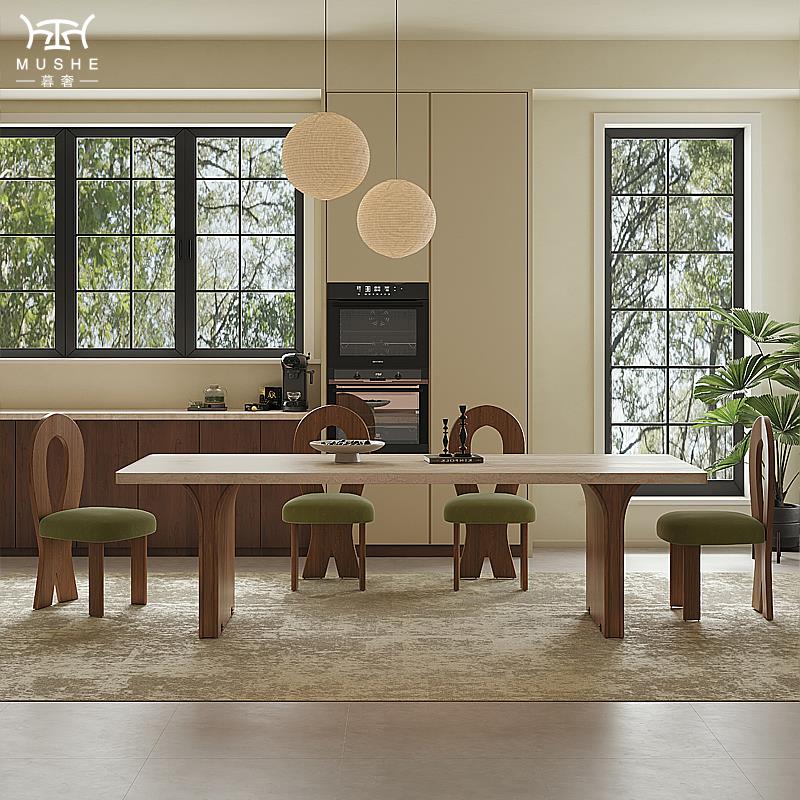 暮奢法式复古洞石岩板餐桌设计师中古风家用现代简约大户型餐桌