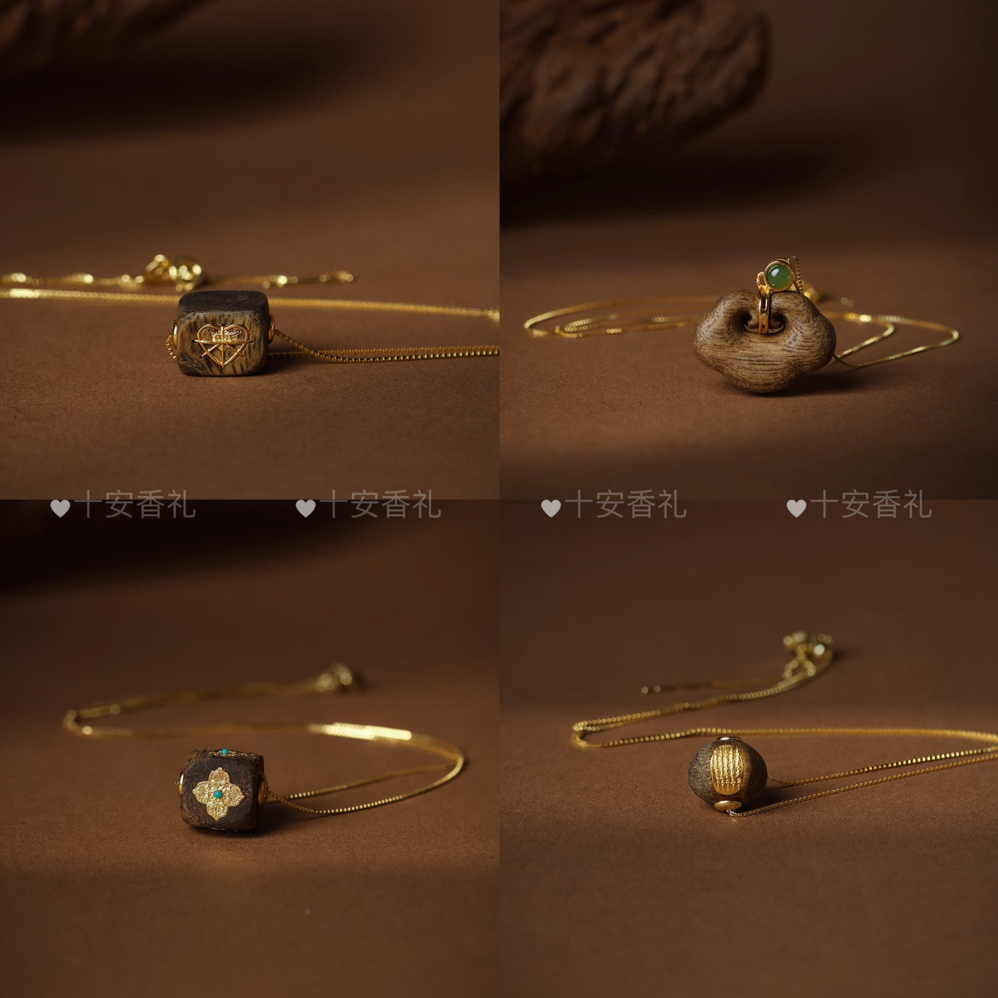 沉香镶金如意吊坠木质国风项链小众禅意文玩四叶花百搭锁骨链配件
