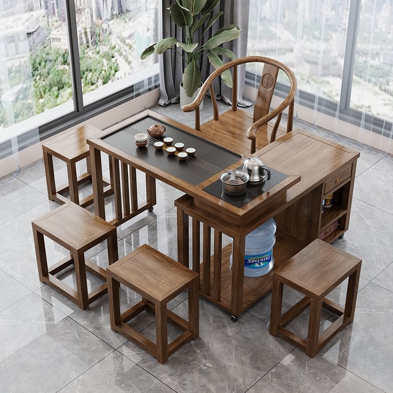 实木茶桌旋转式茶台阳台小户型移动1米1.2米桌椅组合橡胶木带烧水