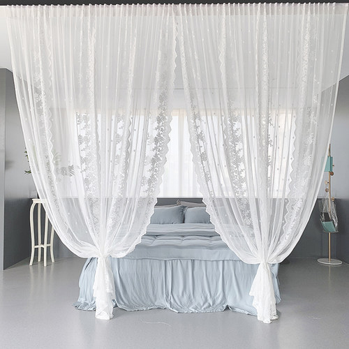 免打孔魔术贴安装窗帘门帘纱帘韩式蕾丝客厅阳台隔断帘网红白纱