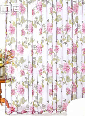 美式紫色牡丹花卉印花窗帘纱  客厅家用装饰印花透光成品窗纱