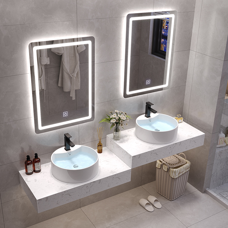 双拼新款照明双盆双人简约大理石高低台盆柜组合公共场所洗手间