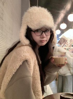 白色毛绒护耳帽女2026新款秋冬