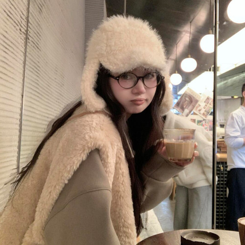 白色毛绒护耳帽女2026新款秋冬