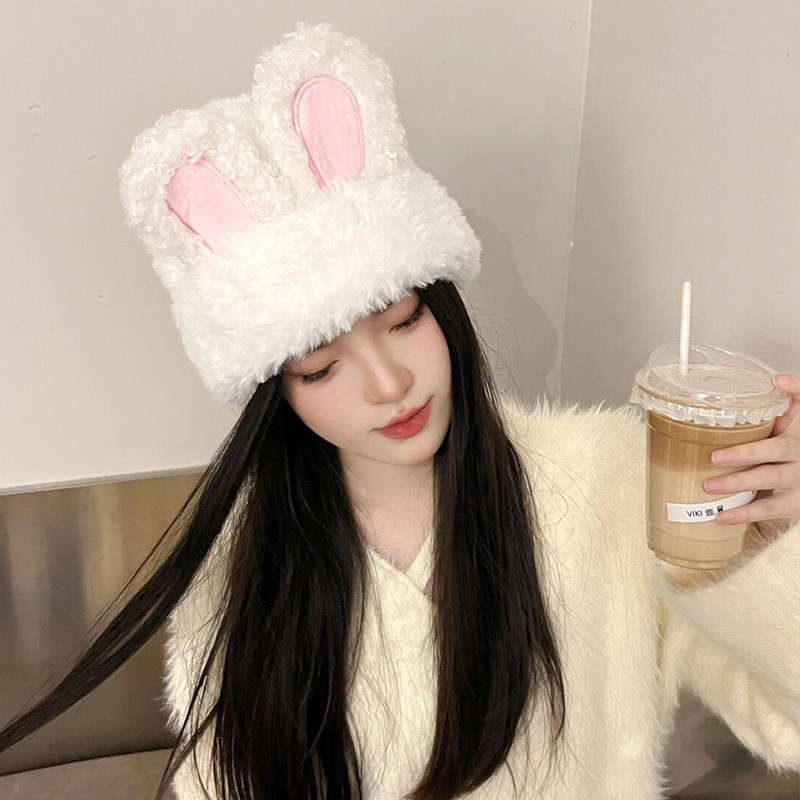毛绒兔耳朵毛线帽子日系甜美可爱女秋冬季保暖护耳显脸小针织帽潮