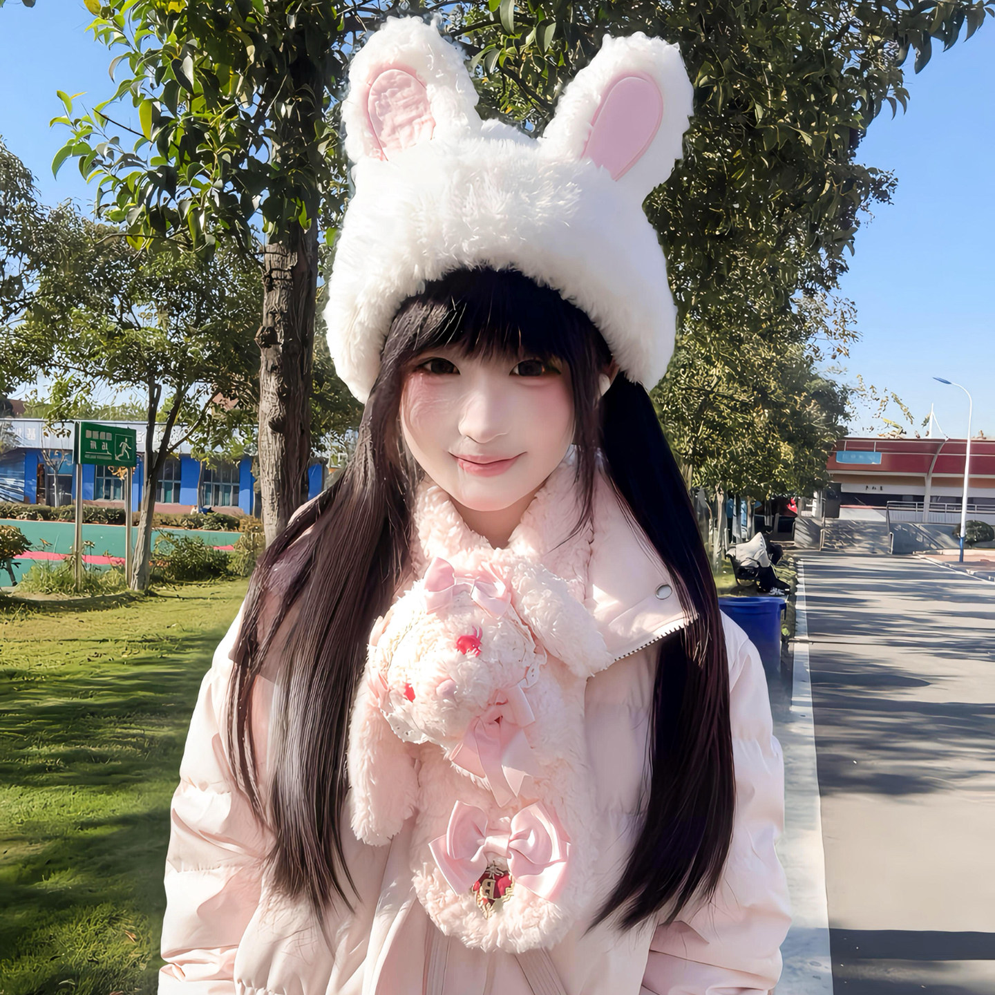 可爱毛绒兔耳帽子毛绒帽2025新款学生百搭加厚显脸小防寒护耳冷帽