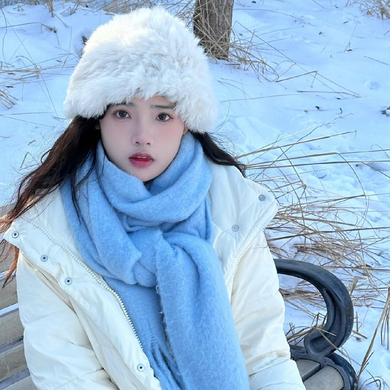 蓝色韩版针织围巾女2025新款保暖百搭氛围感学生毛线围脖防风防寒