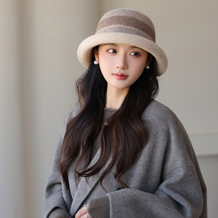 2025新款赫本风羊毛帽英伦卷边千金礼帽秋冬气质高级感保暖盆帽