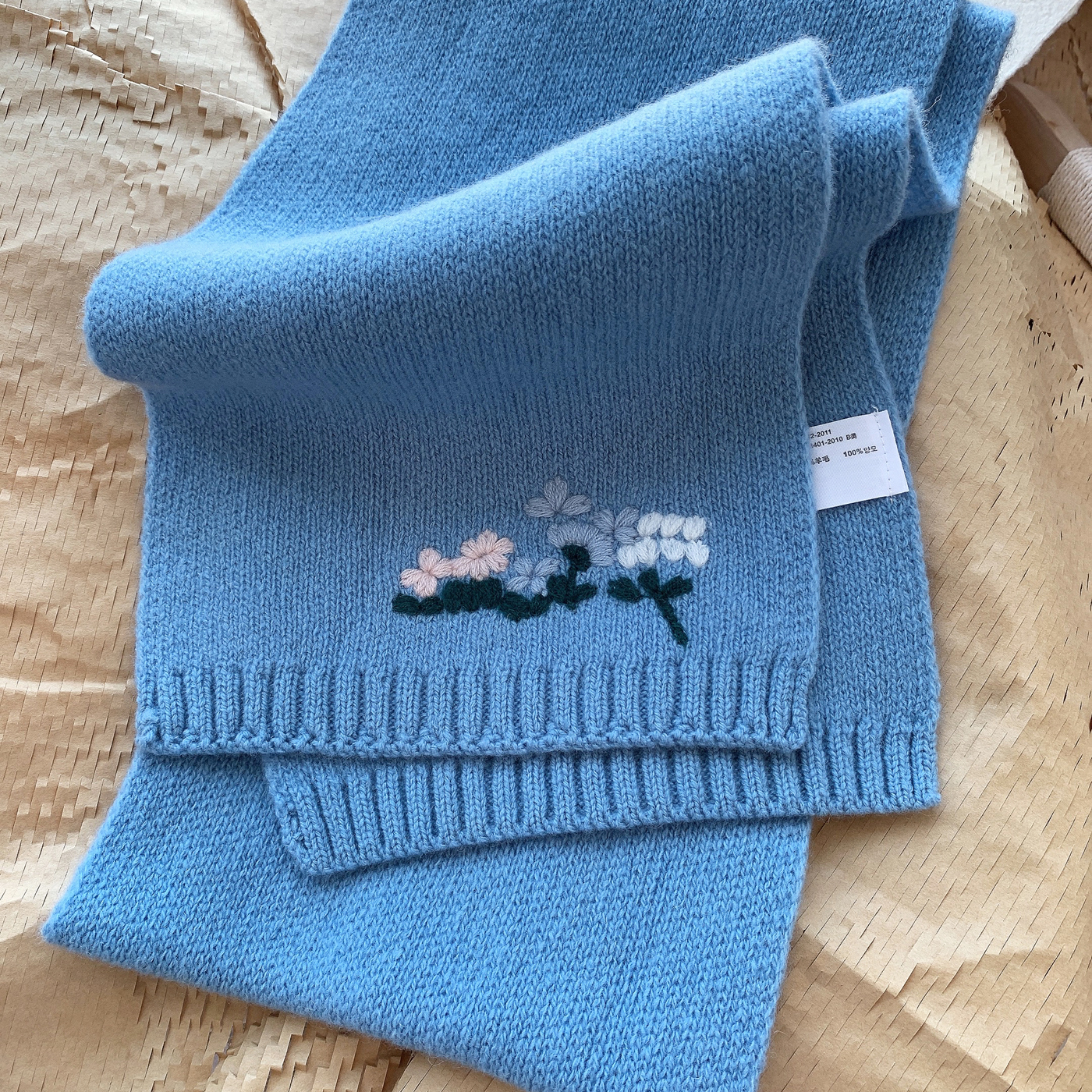 蓝色纯羊毛围巾女2025新秋冬