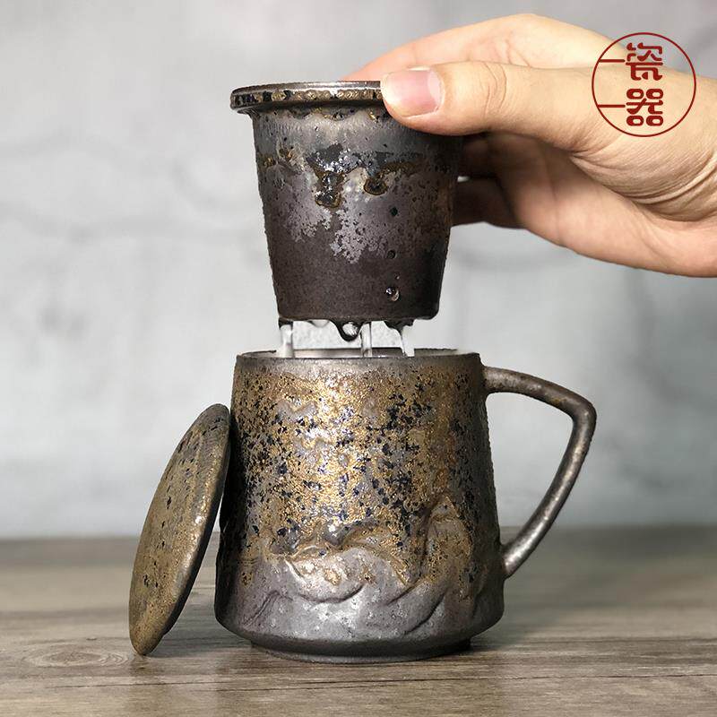 粗陶马克杯日式泡茶杯茶水分离带盖过滤陶瓷杯子办公室马克杯男士