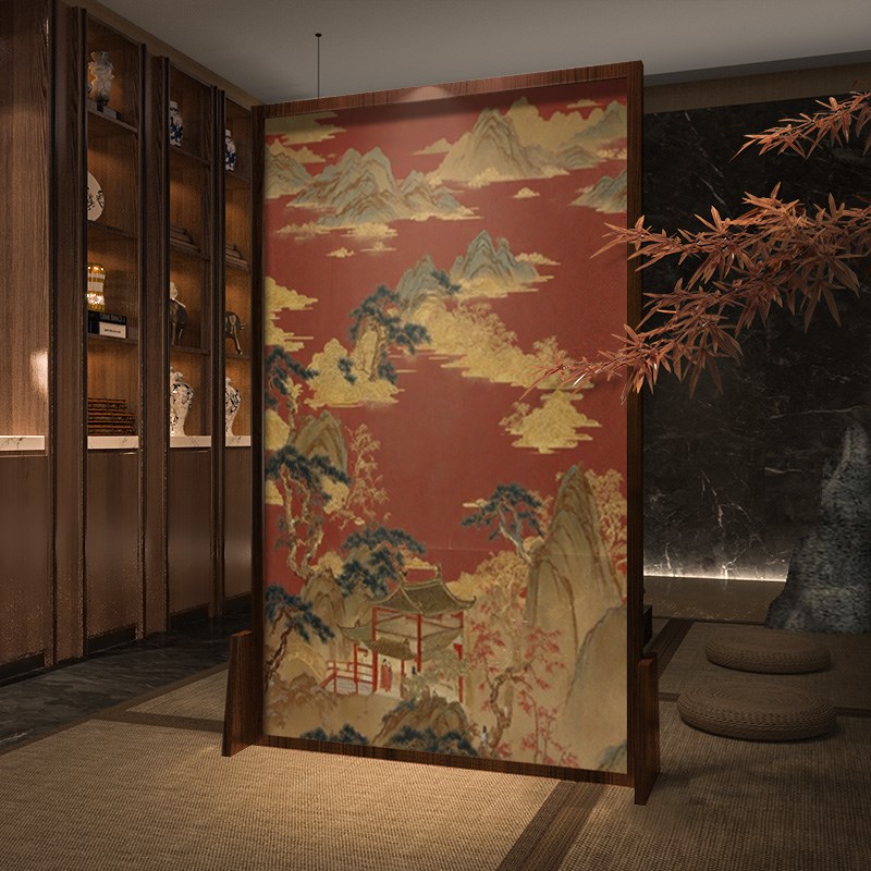东方美学新中式移动屏风隔断客厅玄关茶室酒店实木座屏中国红山水