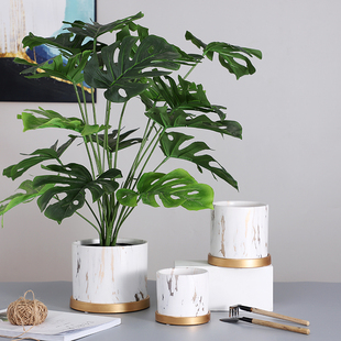 大理石花盆深高盆陶瓷圆形北欧君子兰绿植盆栽多肉简约大号带托盘