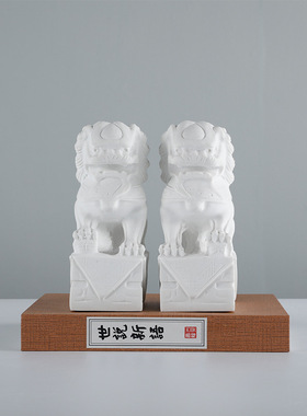 新中式砂岩白色狮子浮雕摆件样板房间室内茶柜玄关软装饰品