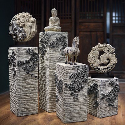 新中式祥云展示柱 仿石柱墩子客厅玄关落地装饰摆件盆景花架底座