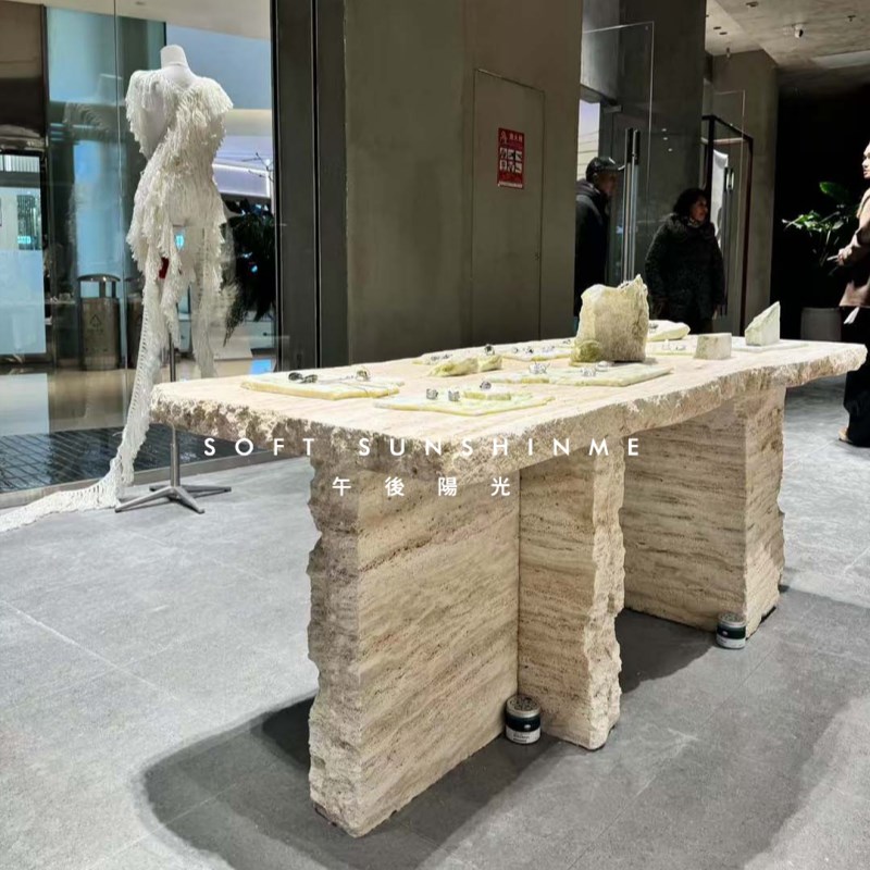 服装店黄洞大理石摆装饰餐桌子别墅样板房餐厅摆放台长方形展示台