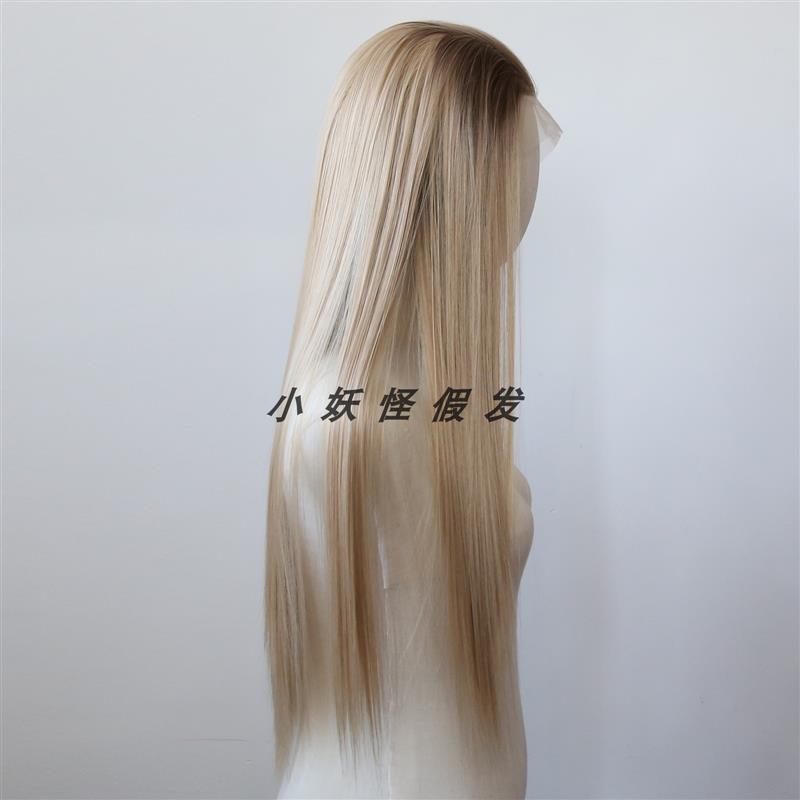 深棕渐变浅棕蜂蜜金前蕾丝欧美风金发高温丝显白逼真整顶假发套