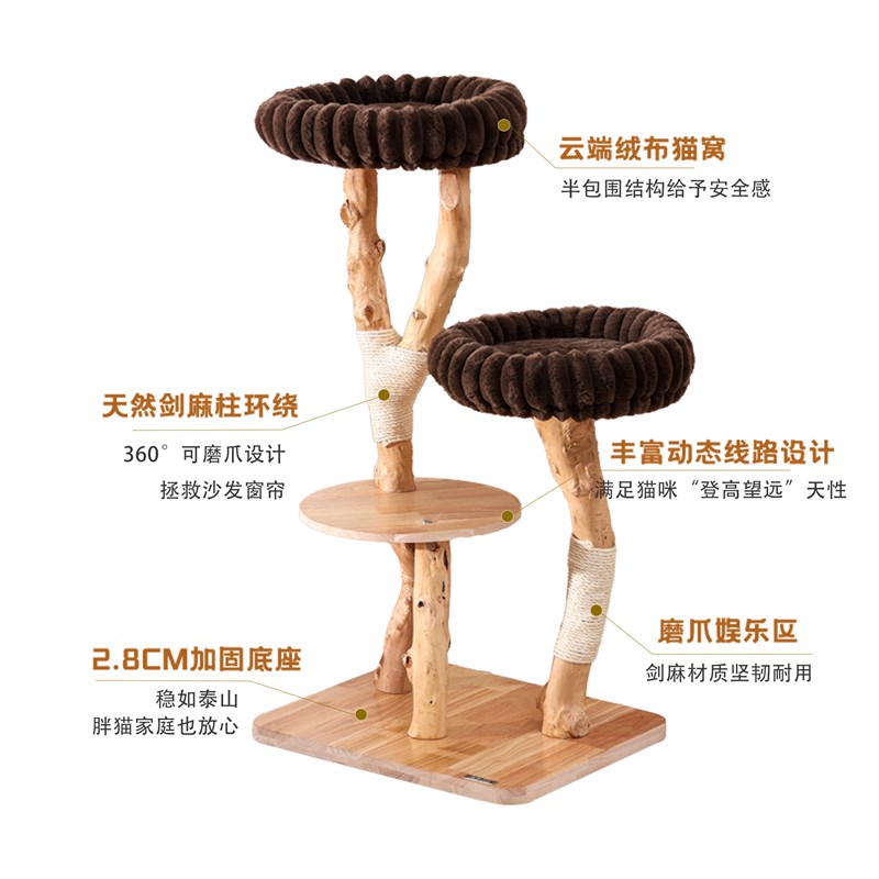 哼尼树干实木猫爬架天然原木猫爬树猫窝猫树一体四季通用猫咪跳台