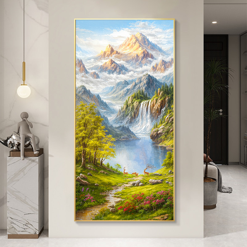 大芬村油画玄关装饰画流水生财山水风景手绘挂画走廊过道壁画竖版