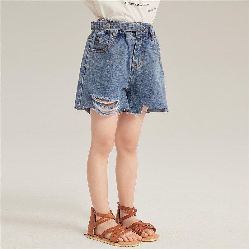 沫沫家童装夏装女童洋气长裤2024夏季新款儿童破洞牛仔短裤