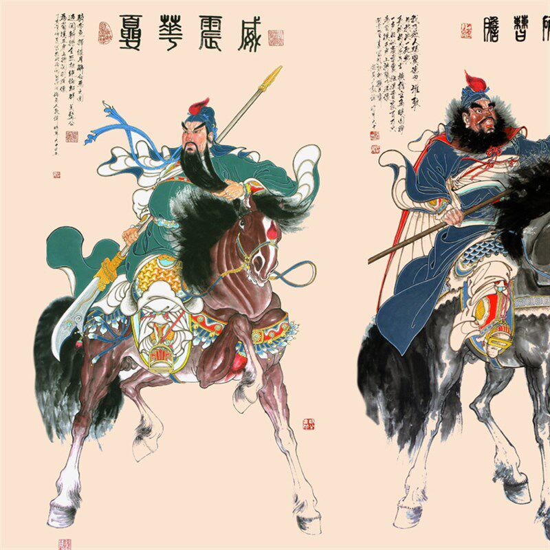 五虎上将横幅画 关公张飞赵云黄忠马超画像丝绸画 三国人物画挂画