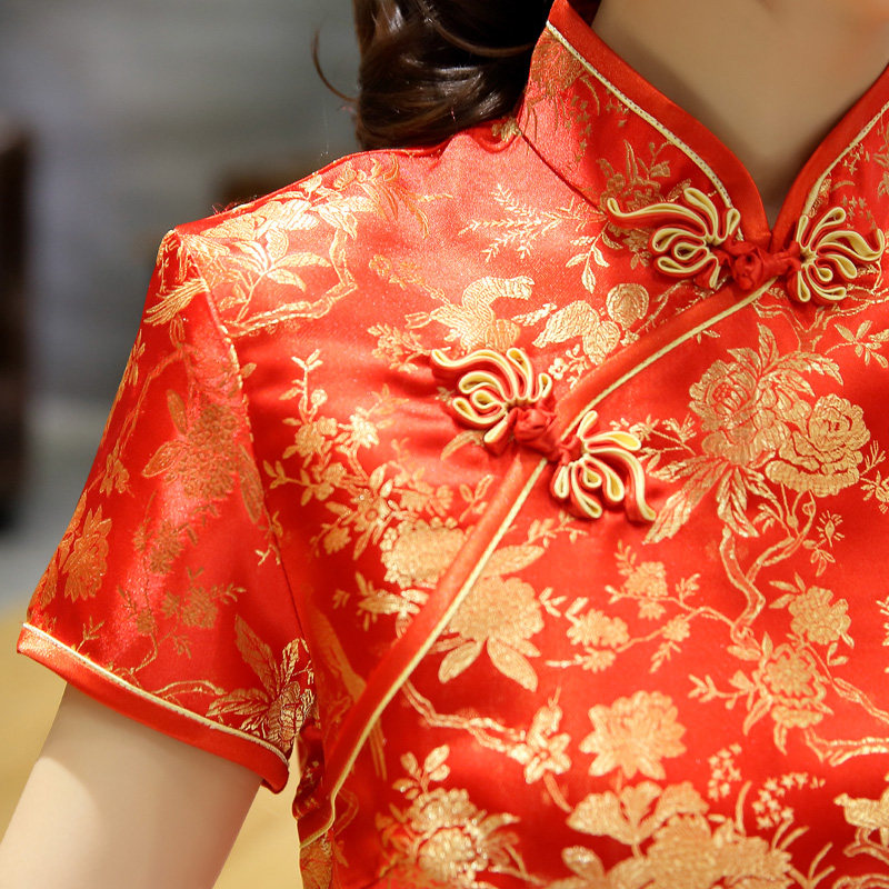 夏季婚庆礼物仪旗袍长版 红色敬酒服旗袍礼服 新娘旗袍盘扣修身显