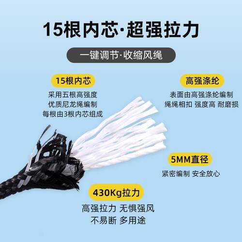 5mm加粗风绳户外天幕防风绳撑杆固定拉绳4米帐篷反光营绳调节绳子