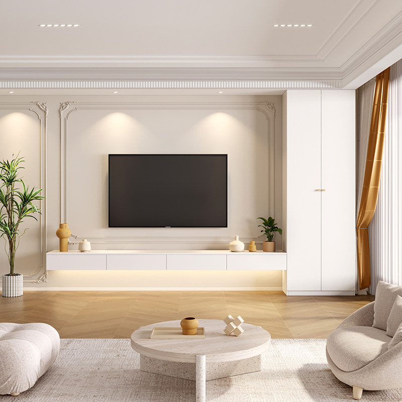 极简悬空电视机柜家用法式奶油风背景墙柜实木定制收纳一体储物柜