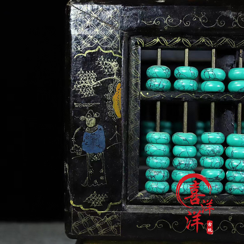 古董文玩乡下收木胎漆器彩绘描金招财进宝松石算盘方形笔筒摆件