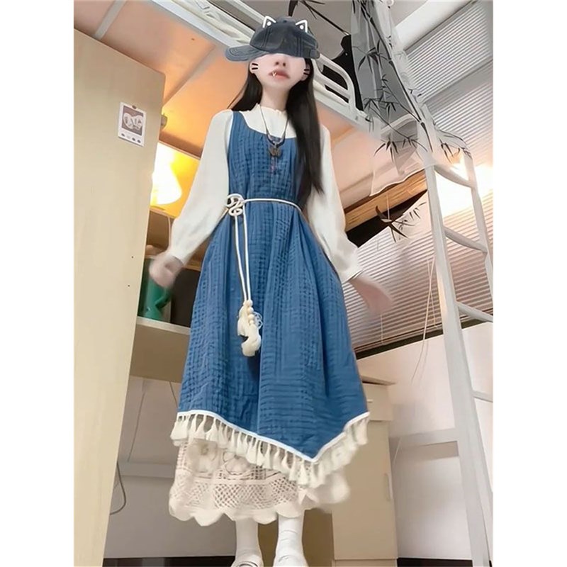 两件套装女秋冬季新款少女感格纹流苏牛仔背心连衣裙叠穿白色衬衫
