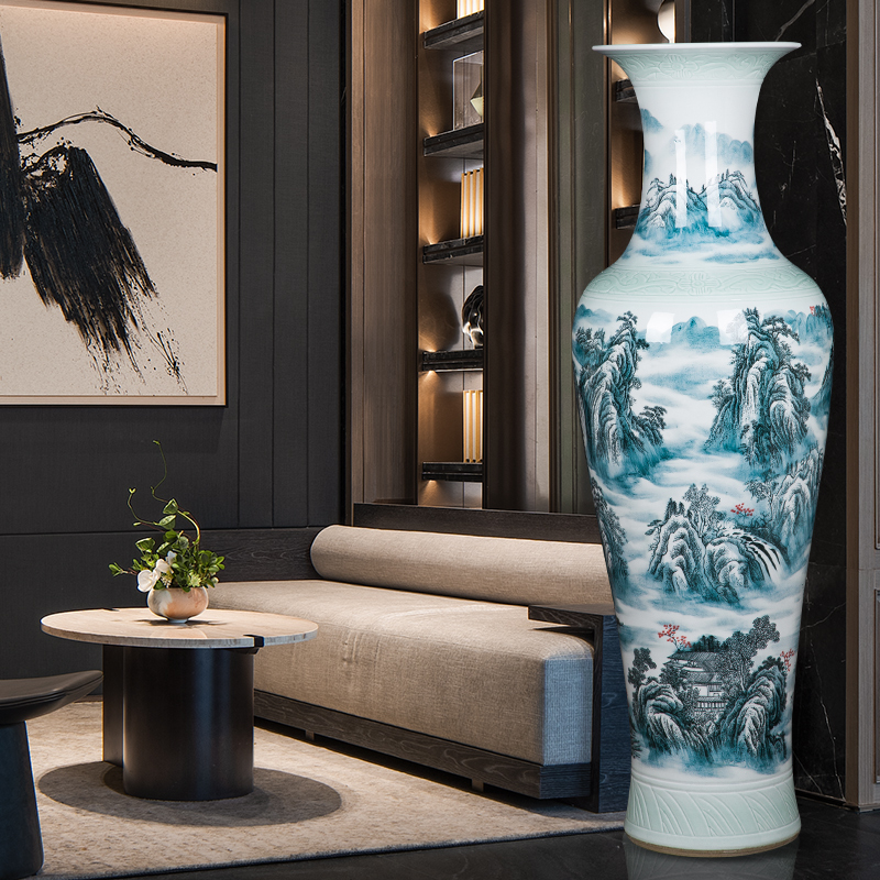 景德镇陶瓷工艺品客厅落地大花瓶手绘锦绣前程大号青花瓷器大摆件