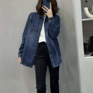 复古蓝色加绒牛仔衬衫女秋冬2023新款宽松休闲百搭设计感衬衣外套