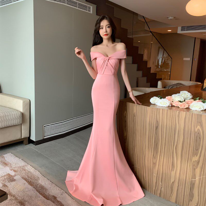 晚礼服女2023新款气质轻奢小众一字肩主持人名嫒鱼尾连衣裙高级感