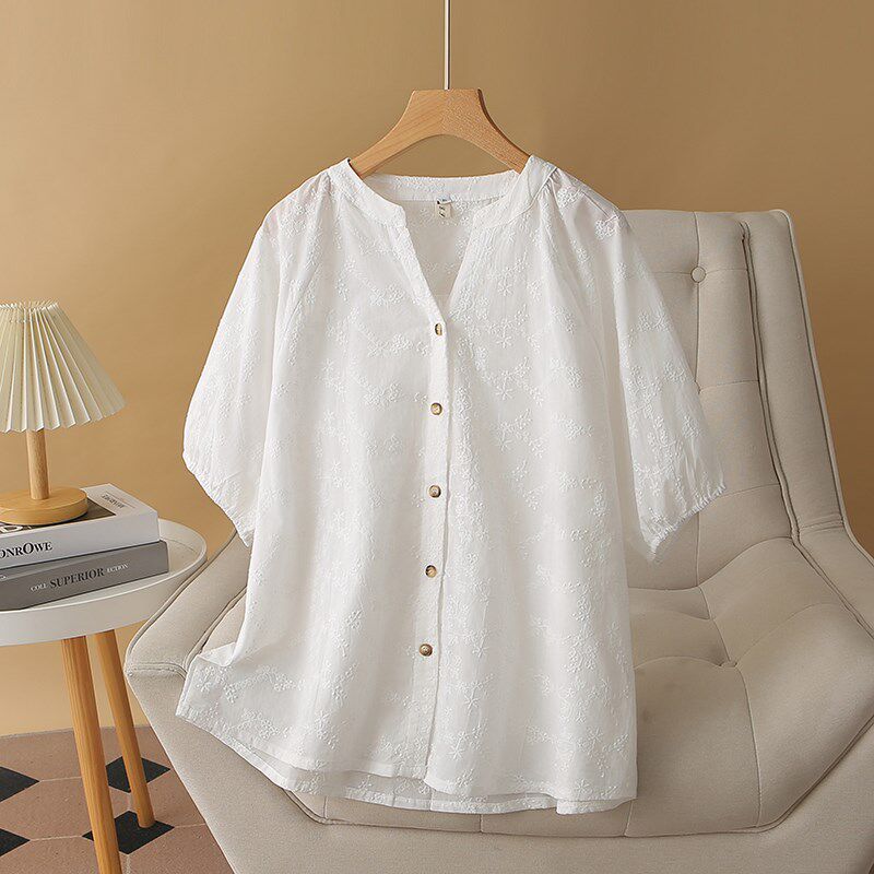 米色绣花衬衫女复古风灯笼袖衬衣2024夏季宽松百搭休闲大码上衣