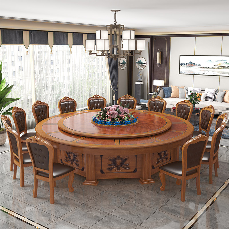 新中式酒店餐桌椅仿古雕花20人大圆桌实木电动饭店包厢宴会火锅桌