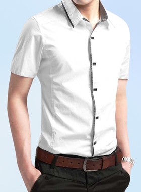 按扣衬衫男短袖夏季韩式紧身纯棉衫衣寸土村杉工装暗扣半截袖衬衣