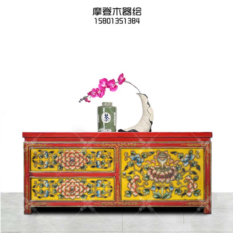 藏式彩绘茶几手绘炕桌中式飘窗柜客厅矮柜复古装饰柜仿古实木家具