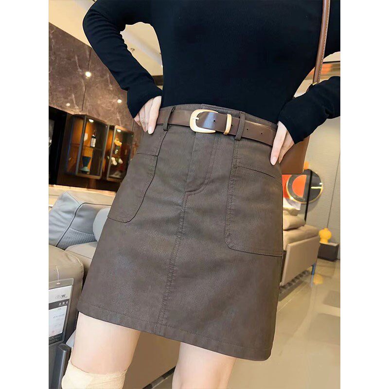 2024秋冬新款气质复古高腰休闲a字包臀短裙小个子打底皮裙半身裙