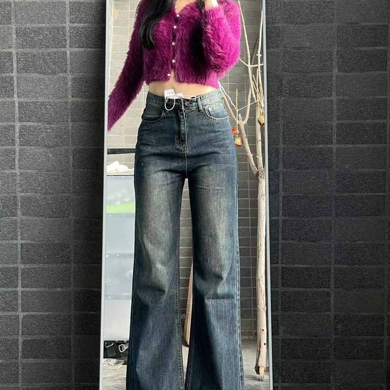 美式复古牛仔裤女2023秋季爆款高腰宽松显瘦百搭直筒拖地阔腿裤潮