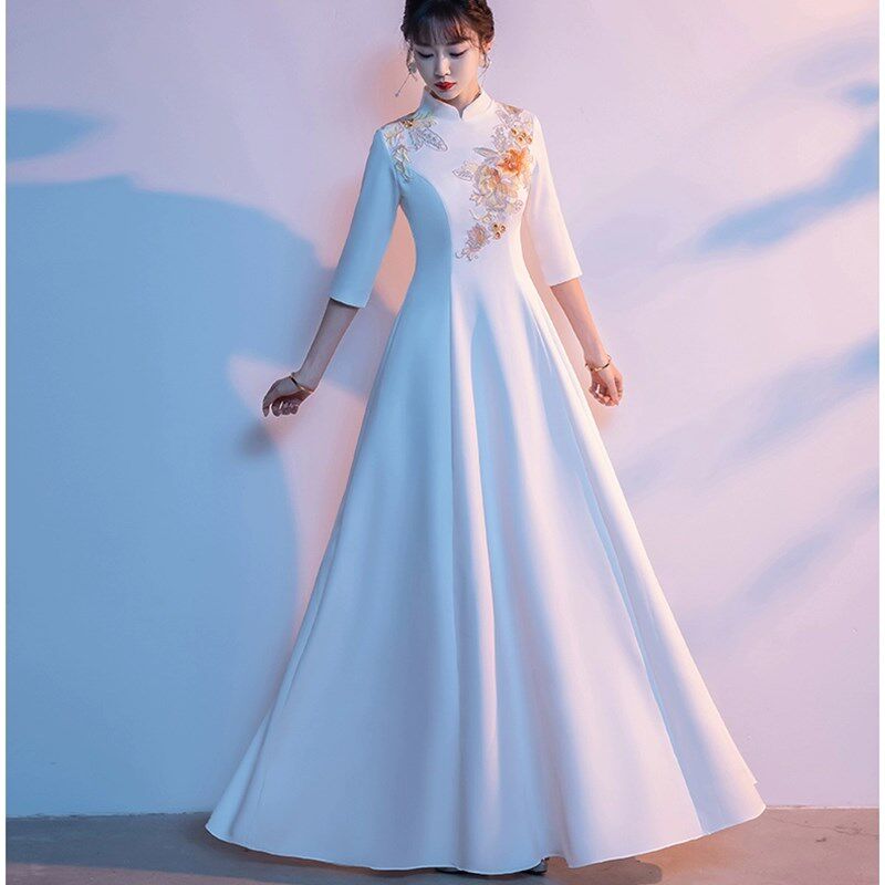 新款大摆礼仪中国风年会合唱演出礼服女中式旗袍伴娘服迎宾颁奖服