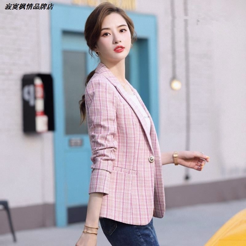 春秋小个子短款修身上衣洋气外套格子女西服韩版新款2024小西装潮
