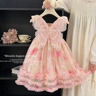 女童翅膀公主裙夏装2024新款儿童生日礼服裙子洋气女孩粉色连衣裙