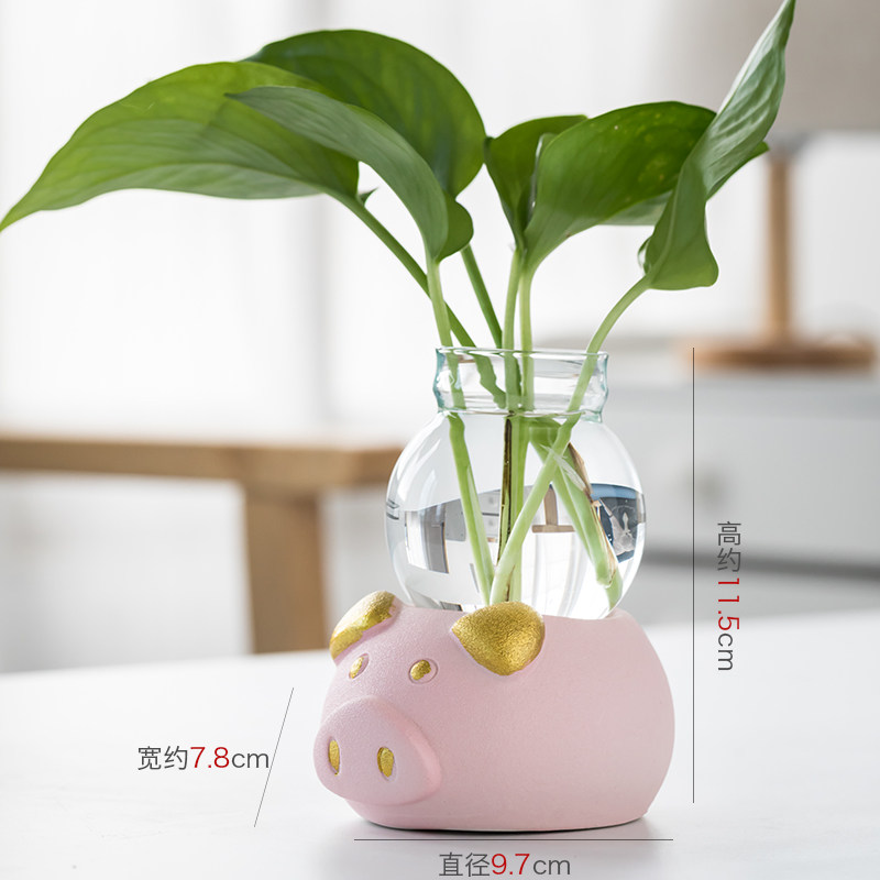 创意可爱动物绿萝水培植物插花花瓶玻璃透明养花容器桌面装饰摆件