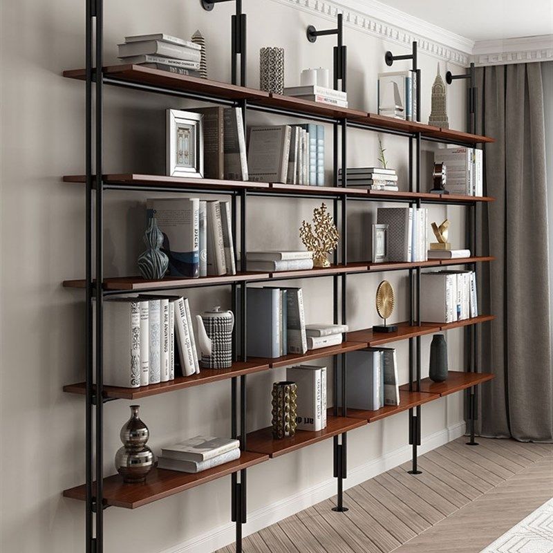铁艺实木书架美式展示架落地靠墙客厅置物架复古隔断多层办公书柜