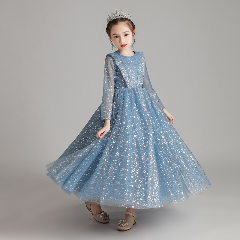 儿童礼服公主裙女童长袖蓝色走秀小花童婚纱主持人钢琴演出服演奏